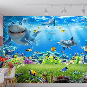 Carta da parati fotografica per bambini 3D Underwater World Shark Dolphins Fish 3D Nursery Wall Design esclusivo Adesivo per cameretta dei bambini Grandi murales da parete