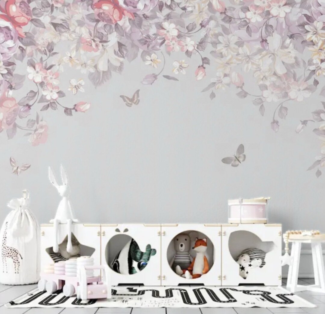 Purple Flowers Peonies Nursery Wallpaper Baby Girl Wall Decor Hanging ...