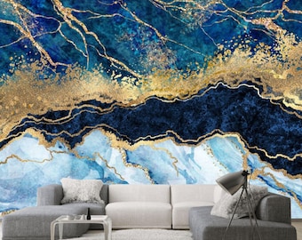 Gold and Blue Marble Fluid Art Vinyl Wallpaper - Large Wall Mural