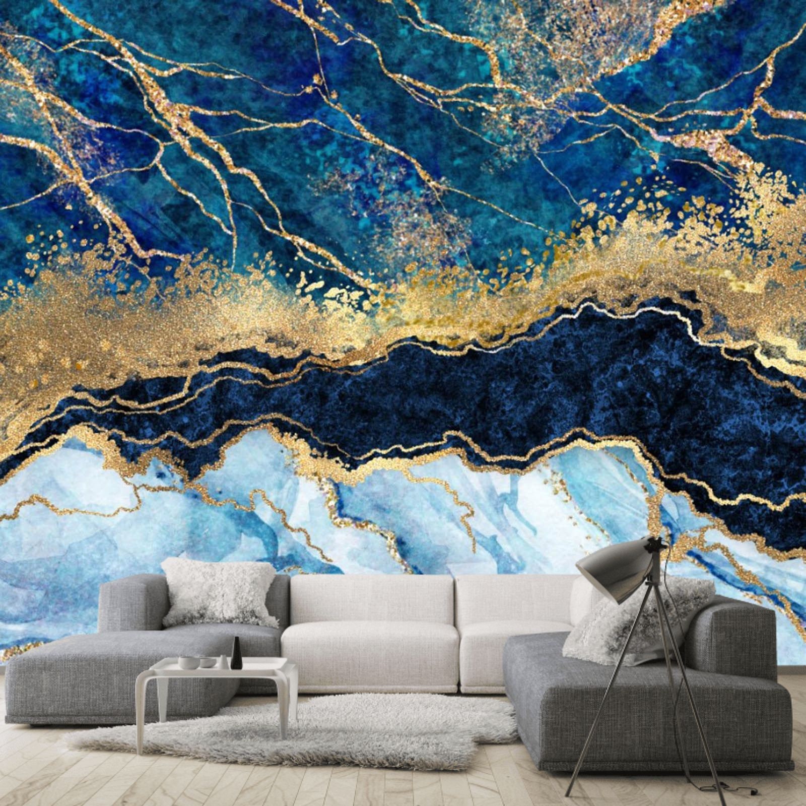 Luxus Gold und Blau Fluid Art Tapete Moderne Wand Dekor Marmor Premium  Qualität Vinyl FotoTapete Kunst große Wand Wand wandbilder ungiftig -   Österreich