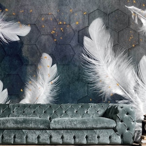 Feather Wallpaper Mural: Gold Geometric Accent, Modern Wall Decor