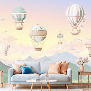 Hot Air Balloon Wallpaper Mural: Pastel Mountain Nursery Decor - Etsy