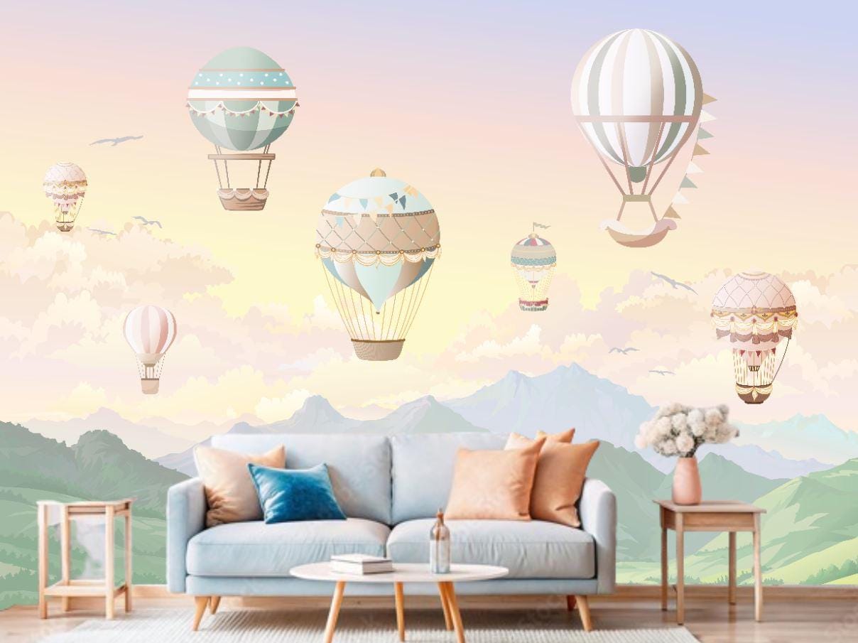 Hot Air Balloon Wallpaper Mural: Pastel Mountain Nursery Decor - Etsy