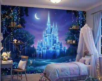 Fairy Tale Castle Kids Wallpaper Mural, Enchanted Forest Night Wall Decor