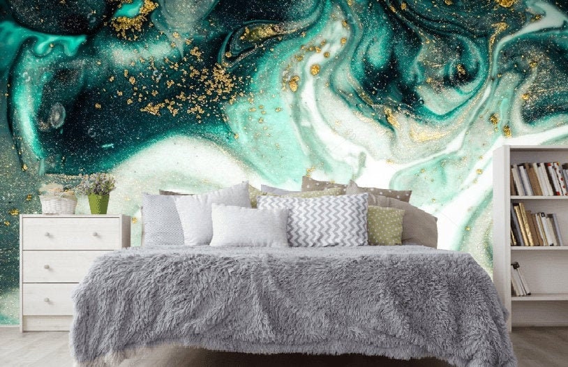 Marble Effect Wallpapers Green Mint White Gold Vinyl Photo Etsy