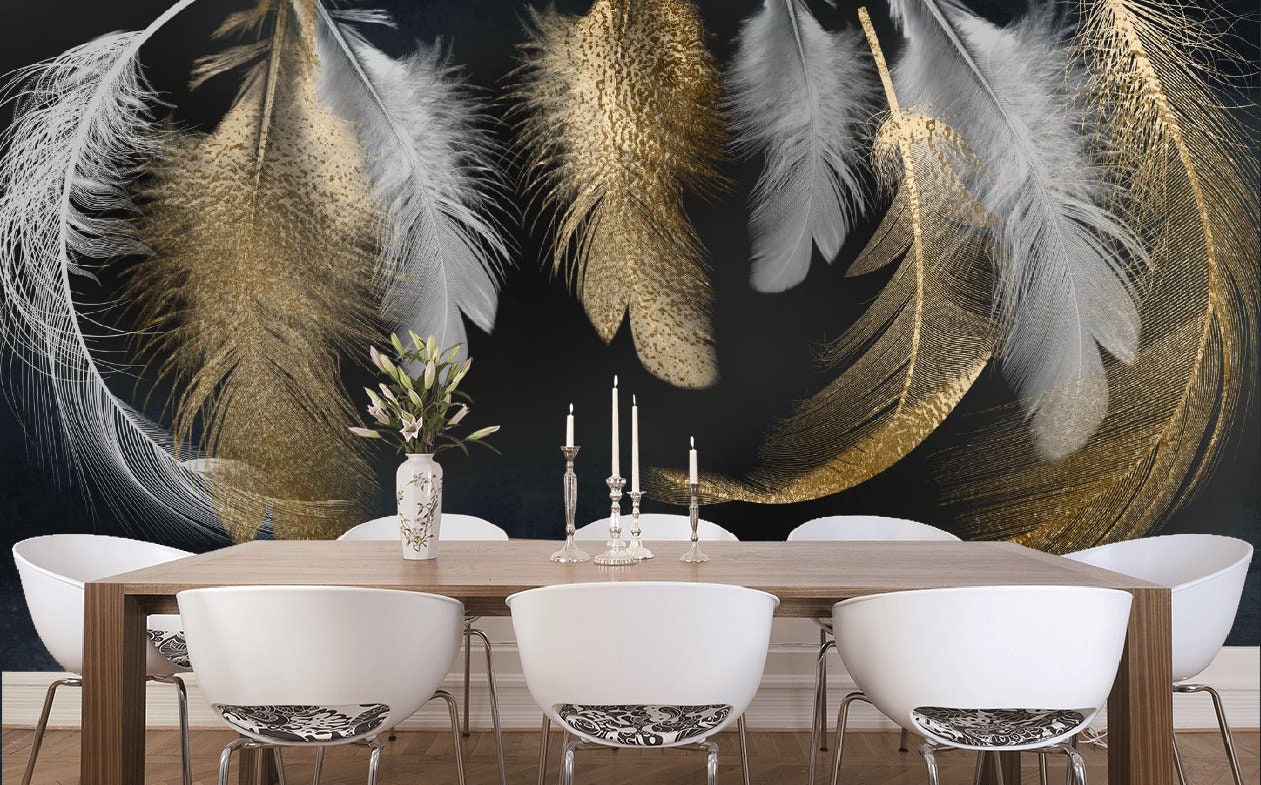 Feather Peel And Stick Wallpaper 17.3"×120" Gold White Contact Paper - View #2