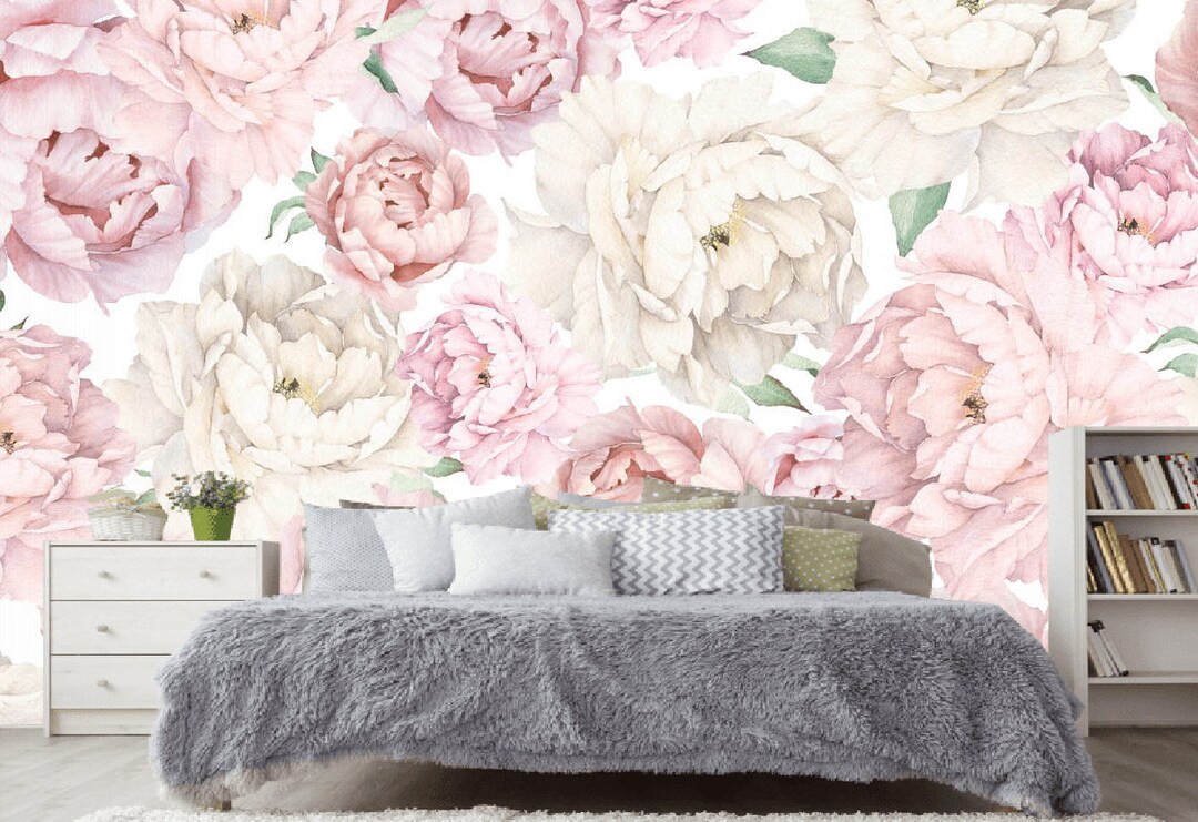 Watercolor Peony Wallpaper Mural: Pink & White Floral Wall Decor - Etsy