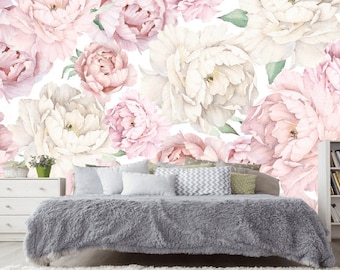 Watercolor Peony Wallpaper Mural: Pink & White Floral Wall Decor