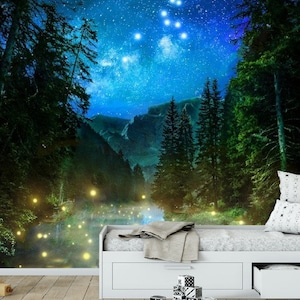 Papier peint forêt fantastique nocturne, forêt magique, décorations murales pour enfants, étoiles, lucioles, ciel nocturne, papier peint photo en vinyle, non toxique