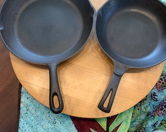 Pair of Vintage Cast Iron Chef Skillet Unmarked Wagner Ware 9 Inch and BSR 9H-1