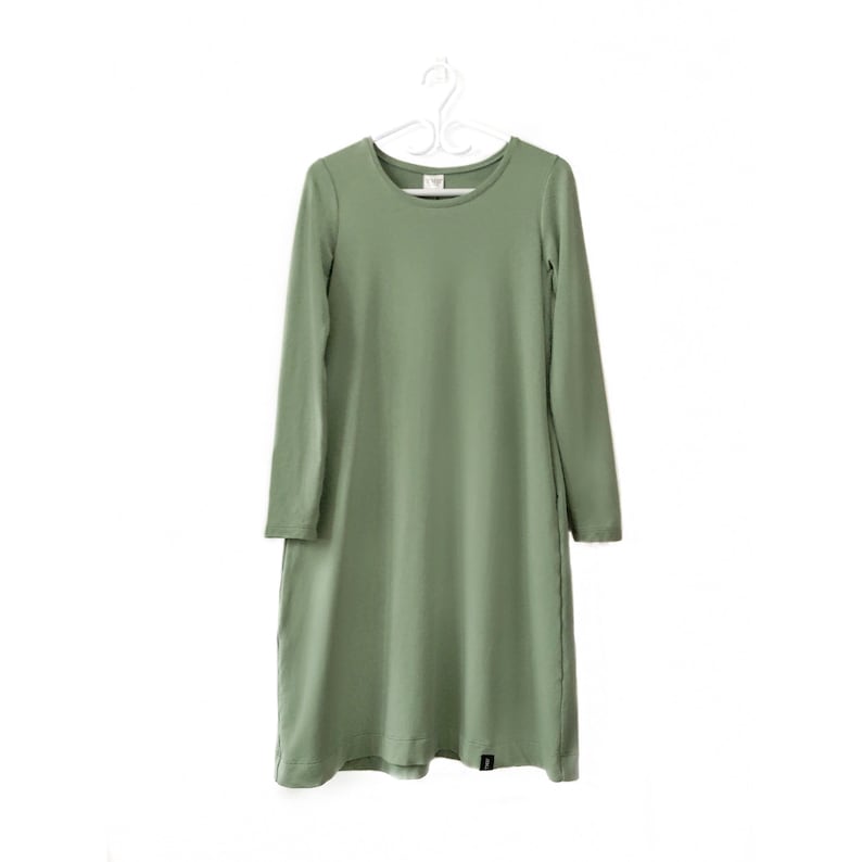 Woman/'s Sage Green Long Sleeve T-Shirt Dress Ladies Pocket Dress Stylish Women Clothes