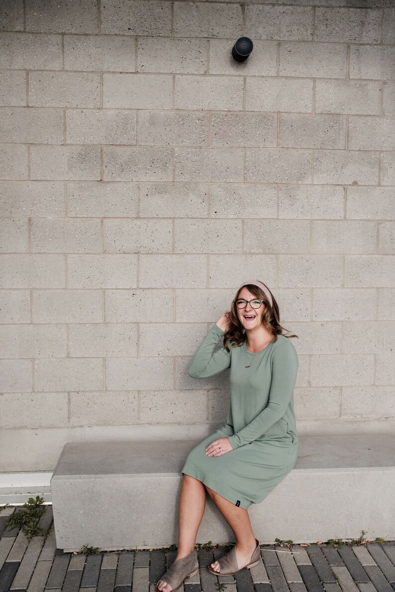 Woman/'s Sage Green Long Sleeve T-Shirt Dress Ladies Pocket Dress Stylish Women Clothes
