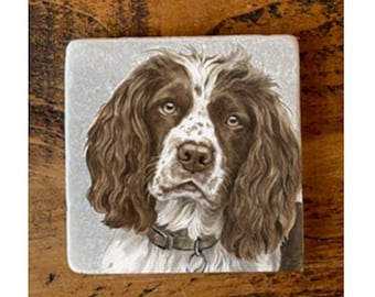 Springer Spaniel liver & white - Marble Coasters and Trivet | Handmade | Gift | Tea | Coffee | Wine | Drink Mats | Artwork | Durable |