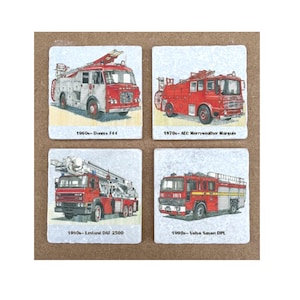 Fire Engines | Natural Marble Coasters | Dennis F44 | AEC Merryweather Marquis | Leyland DAF 2500 | Volvo Saxon DPL | Handmade | Drink Mat |