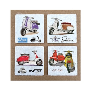May include: Set of four square ceramic coasters featuring vintage illustrations of classic scooters. Each coaster depicts a different scooter model with its name and details, including the Li150, X-200 Special, TV 175 Series II, and GP 200.