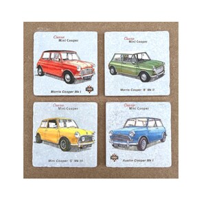 May include: Set of four square coasters featuring illustrations of classic Mini Cooper cars in red, green, yellow, and blue. Each coaster has the text "Classic Mini Cooper" and the car model name.