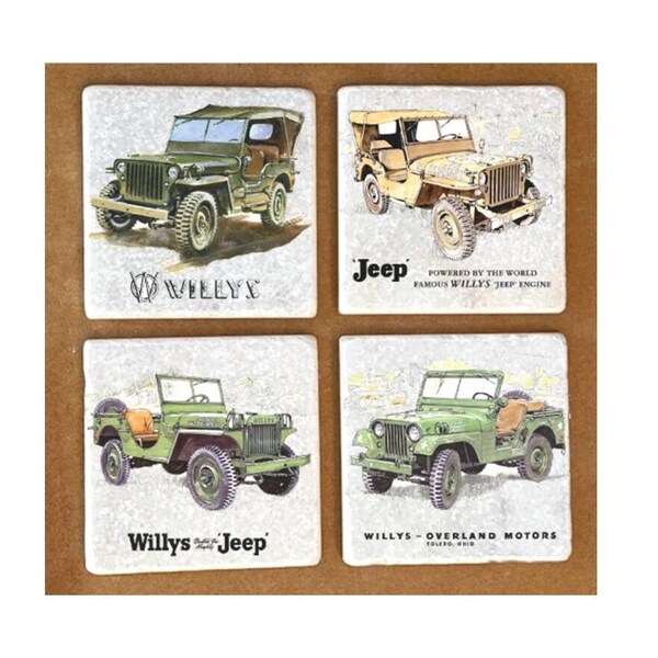 Willys Jeep | Set of 4 Marble Coasters | Willys Jeep | Overland Motors | World War 11 | Handmade | Home | Gift | Drink Mat | Tea | Coffee |