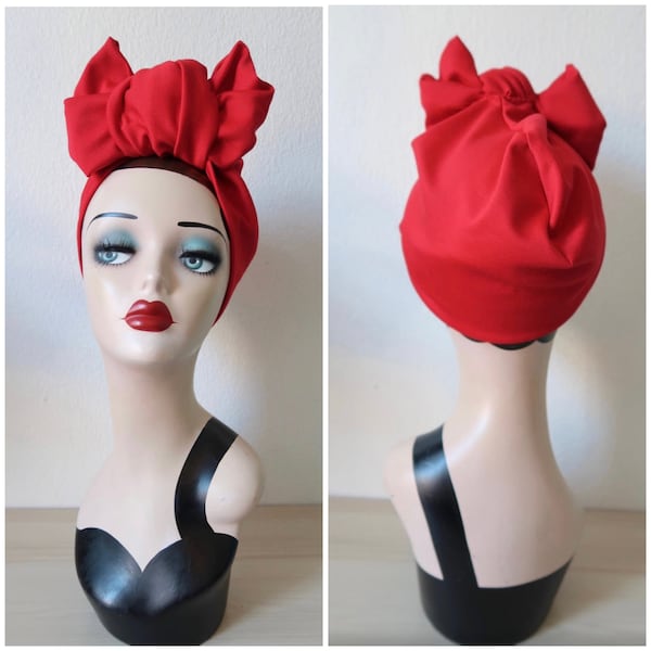 1940s Pre-tied Stretchy Red Turban with Knot Choice (made to order).
