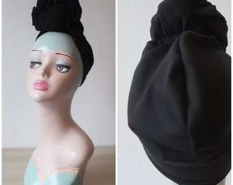 1940s Pre-tied Stretchy Plain Black Turban with Knot Choice (made to order).