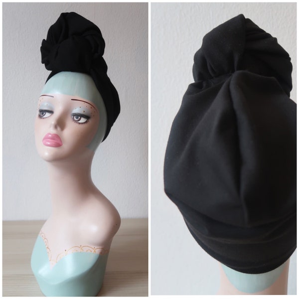 1940s Pre-tied Stretchy Plain Black Turban with Knot Choice (made to order).