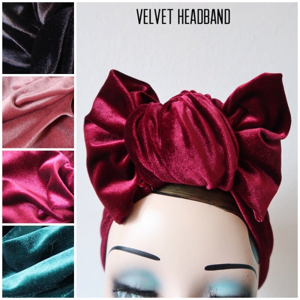 VELVET Pre-tied Stretchy Vintage Style Headband in Black/Bottle Green/Claret/Dusky Pink (made to order)