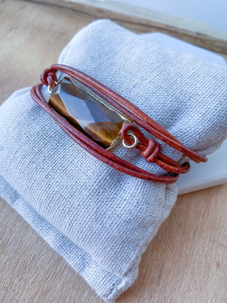 Leather and Tigers Eye Wrap Bracelet