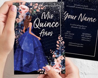 Blue Silver Quinceañera Invitation - Custom, Aquarelle, Paillettes, Floral, Paillettes, Royal, Marine, Sparkle, Night