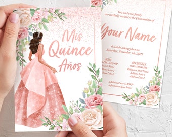 Rose Gold Quinceañera Invitation - Party, Custom, Watercolor, Mauve, Glitter, Floral, RoseGold, Glitter, Blush, Pink, Taupe