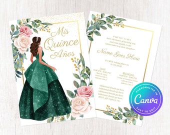 Quincea era Invitation Template 5x7 Green Emerald Gold Classy