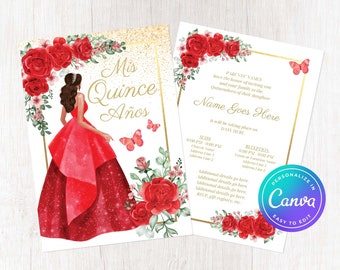 Quinceañera Invitation Template 5x7" | Red Rojo Gold English Editable Customizable Español