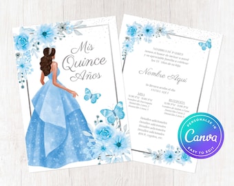 Quinceañera Invitation Template 5x7" | Light Blue Silver Butterfly Floral Spanish English Editable Customizable Español Latina Designed
