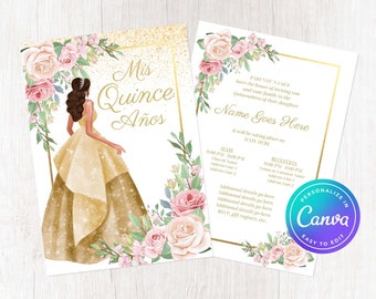 Quinceañera Invitation Template 5x7" | Gold Sparkle Elegant Roses Floral Spanish English Editable Customizable Español