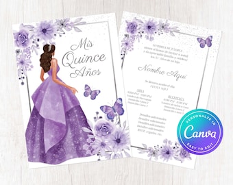 Quinceañera Invitation Template 5x7" | Purple Lilac Lavender Wisteria Butterfly Floral Spanish English Editable Customizable Español