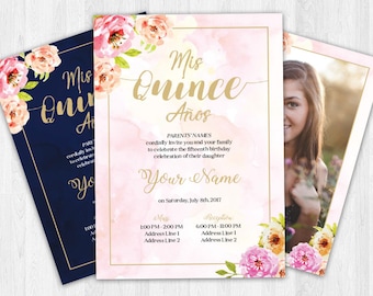 Quinceañera Invitation - English or Spanish, Floral, Rose Gold, Pink, Navy, Printable