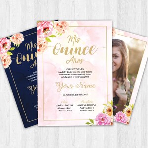 Quinceañera Invitation - English or Spanish, Floral, Rose Gold, Pink ...