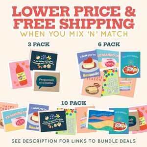 May include: A set of greeting cards featuring colorful illustrations and text in Spanish. The cards are available in 3, 6, and 10 pack bundles. The text on the cards includes phrases like "Te Mando Un Zote" and "Preguntale a tu mam&aacute;."