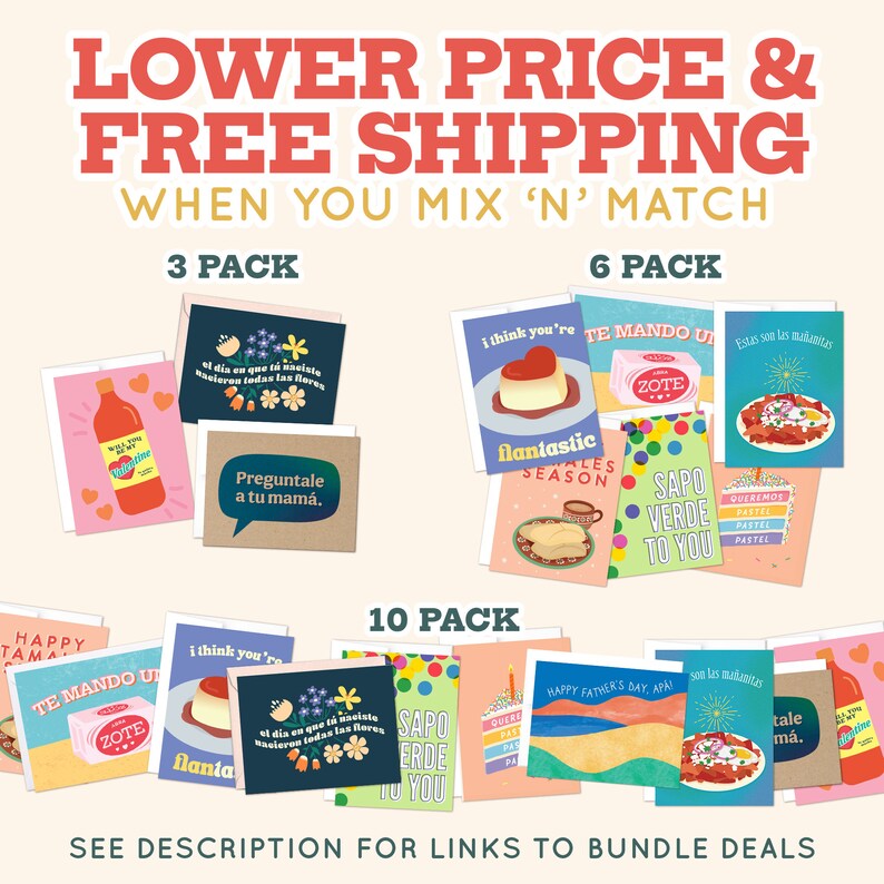 May include: A set of greeting cards featuring colorful illustrations and text in Spanish. The cards are available in 3, 6, and 10 pack bundles. The text on the cards includes phrases like "Te Mando Un Zote" and "Preguntale a tu mam&aacute;."
