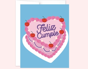 Feliz Cumple Birthday Card | Heart Cake Cute Pink Vintage Cherries Cumpleaños