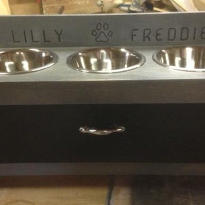 Pu&ograve; includere: Un alimentatore per animali domestici in legno grigio con tre ciotole in acciaio inossidabile. L'alimentatore ha un cassetto nero con una maniglia argentata. I nomi "LILLY" e "FREDDIE" sono incisi sopra le ciotole, con un'impronta di zampa in mezzo.