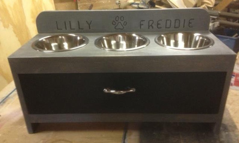 Pu&ograve; includere: Un alimentatore per animali domestici in legno grigio con tre ciotole in acciaio inossidabile. L'alimentatore ha un cassetto nero con una maniglia argentata. I nomi "LILLY" e "FREDDIE" sono incisi sopra le ciotole, con un'impronta di zampa in mezzo.