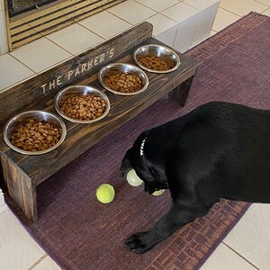 Puede incluir: Un soporte de madera marr&oacute;n oscuro para cuencos de perro con cuatro cuencos de acero inoxidable llenos de comida para perros. El soporte tiene grabado "THE PARKER'S". Un perro negro juega con dos pelotas de tenis sobre una alfombra morada.