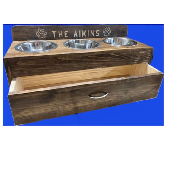 Personalized 3 Bowl Pet Feeder with Storage Drawer