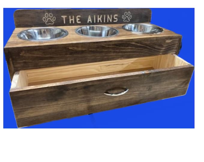 Small Raised Dog Feeder With Storage, 3 Bowl Dog Feeder, Pet Feeder