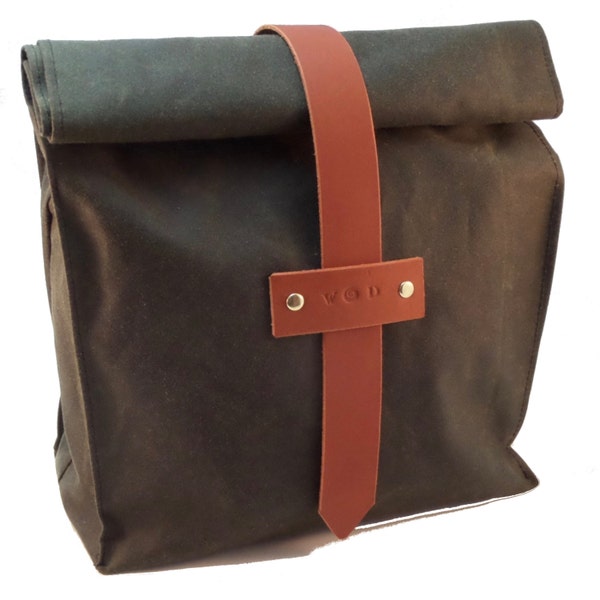 One Off Special: Small Waxed Canvas Lunch Tote Bag Brass Rivets Leather Strap UK Made Washable