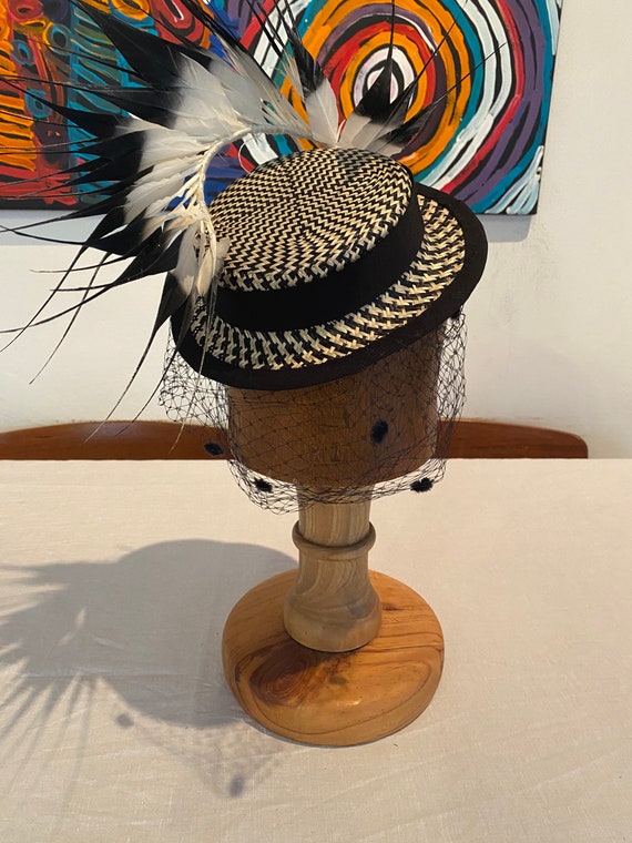 Chic Black and White Feathered Hat with Veil Chic Feathered Hat for Weddings and Races - Etsy main image 3