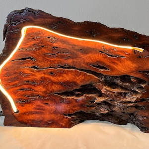 Röd Mallee Burl drivvedslampa med dimbar naturlig live-kant, stämningsbelysning