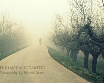 Fine Art Photography, cyclist, misty morning,Dutch, black & white, landscape photography, cycling, bicycle, wall decoration, the Netherlands