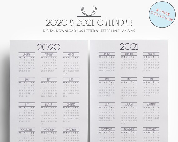 Calendar 2020 2021 Calendar Printable Yearly Overview Etsy