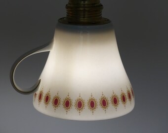 LED upcycled teacup lamp with red darkgoldenrod royal locket pattern made from vintage Jaeger & Co coffee cup