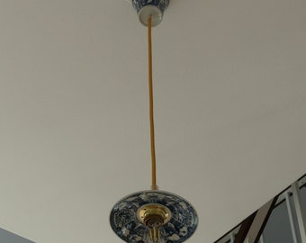 Vintage blue white flying saucer lamp with teacup canopy - chinoiserie style